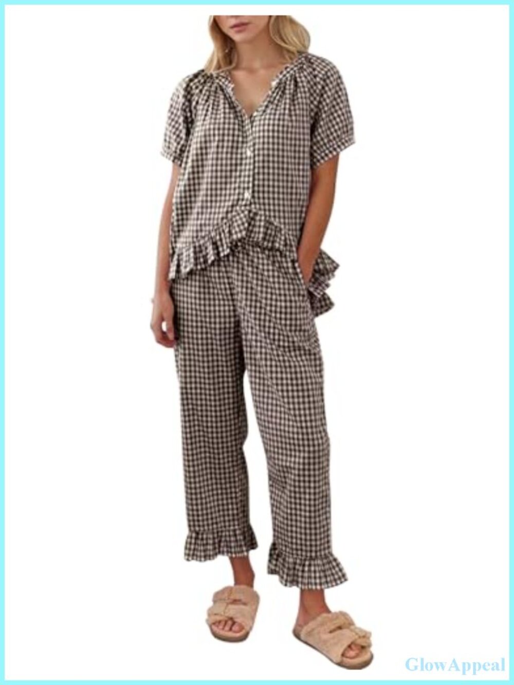100% Cotton Gingham Pajama Set Short Sleeve Button-Up Lounge Set